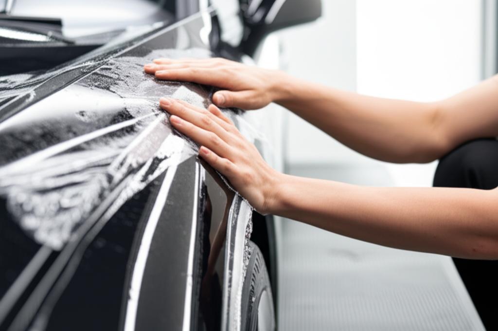 Skilled technician applying clear protective film to a luxury car