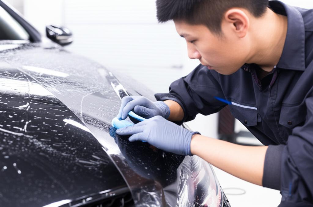 Skilled technician applying TPU film to a car