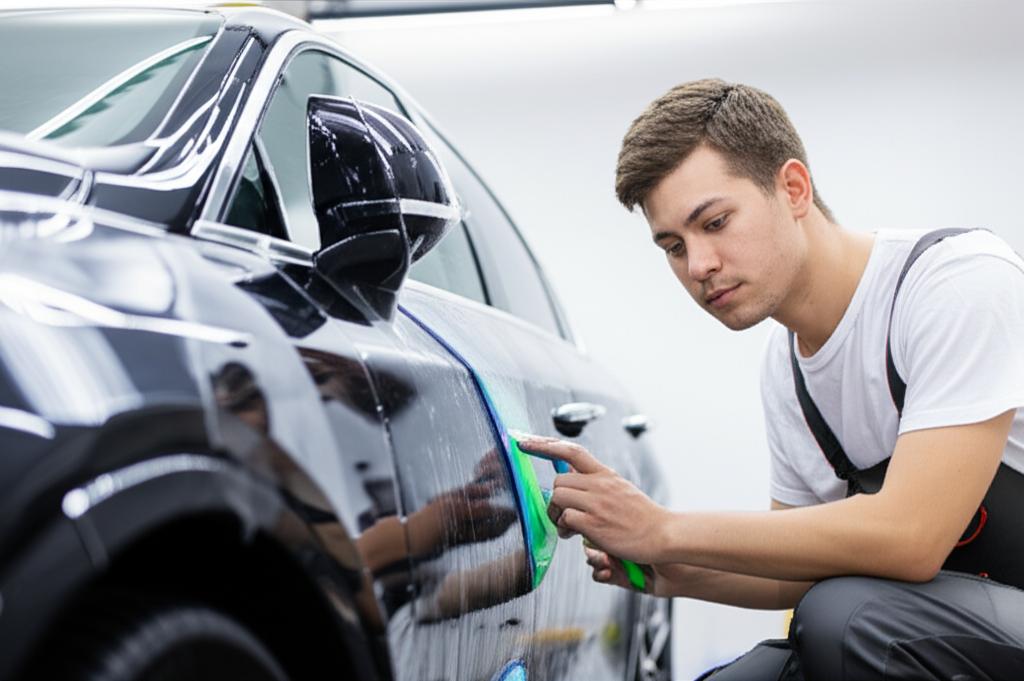 Skilled technician applying TPU film to a car