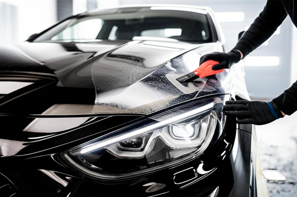 Car being professionally wrapped with clear protective film