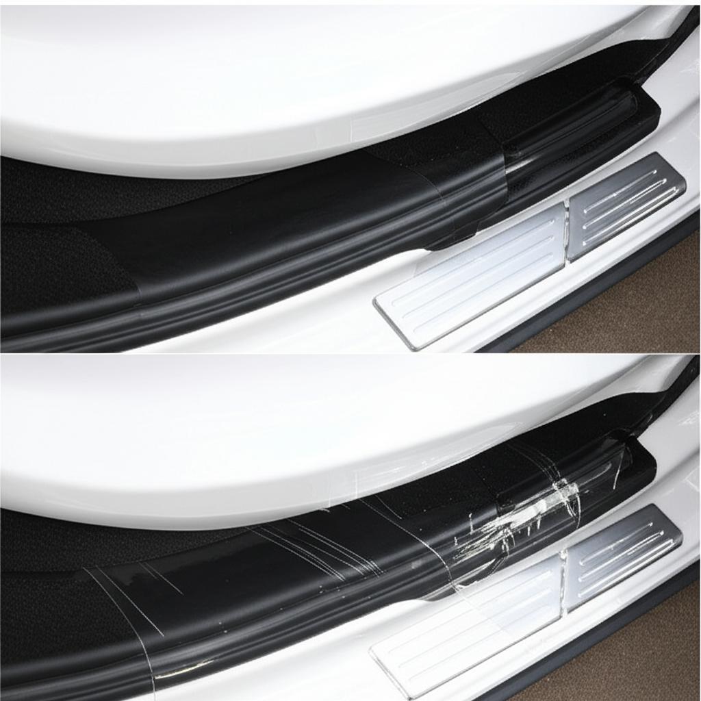 Close-up of a car door sill before and after TPU film application
