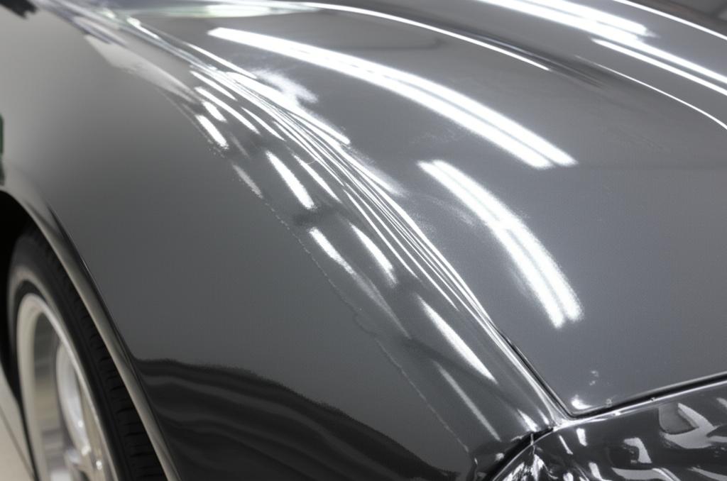 Close-up of car hood protected with clear film