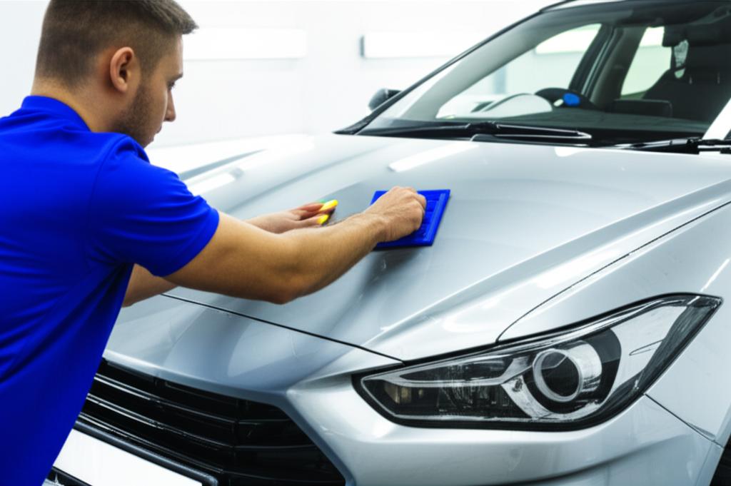 Skilled technician applying transparent film to a car
