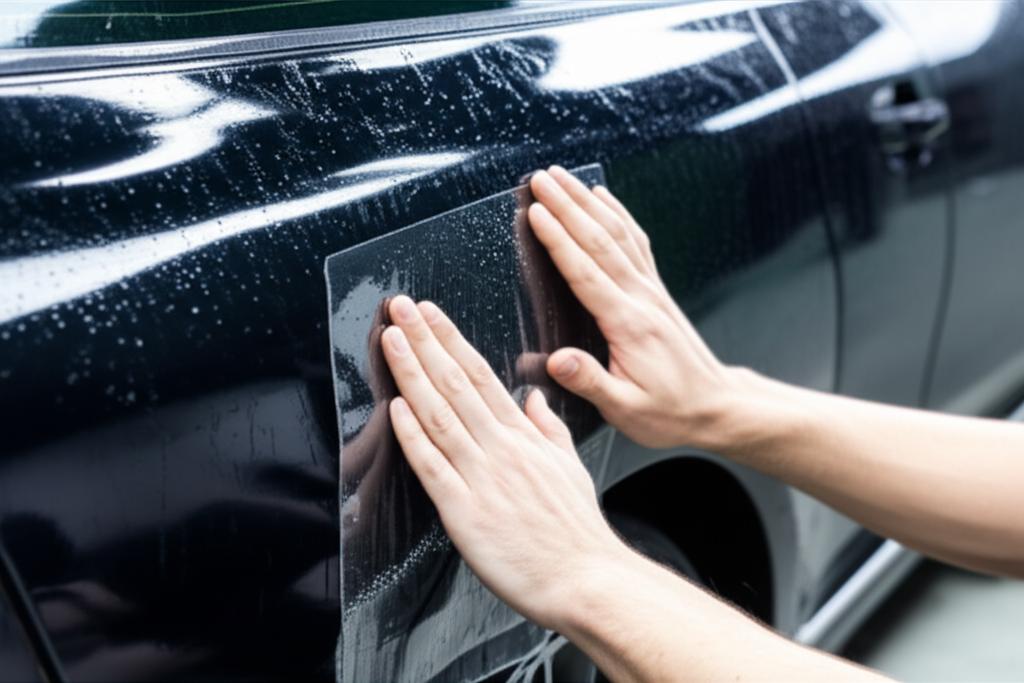 A skilled technician carefully applying transparent TPU film to a car