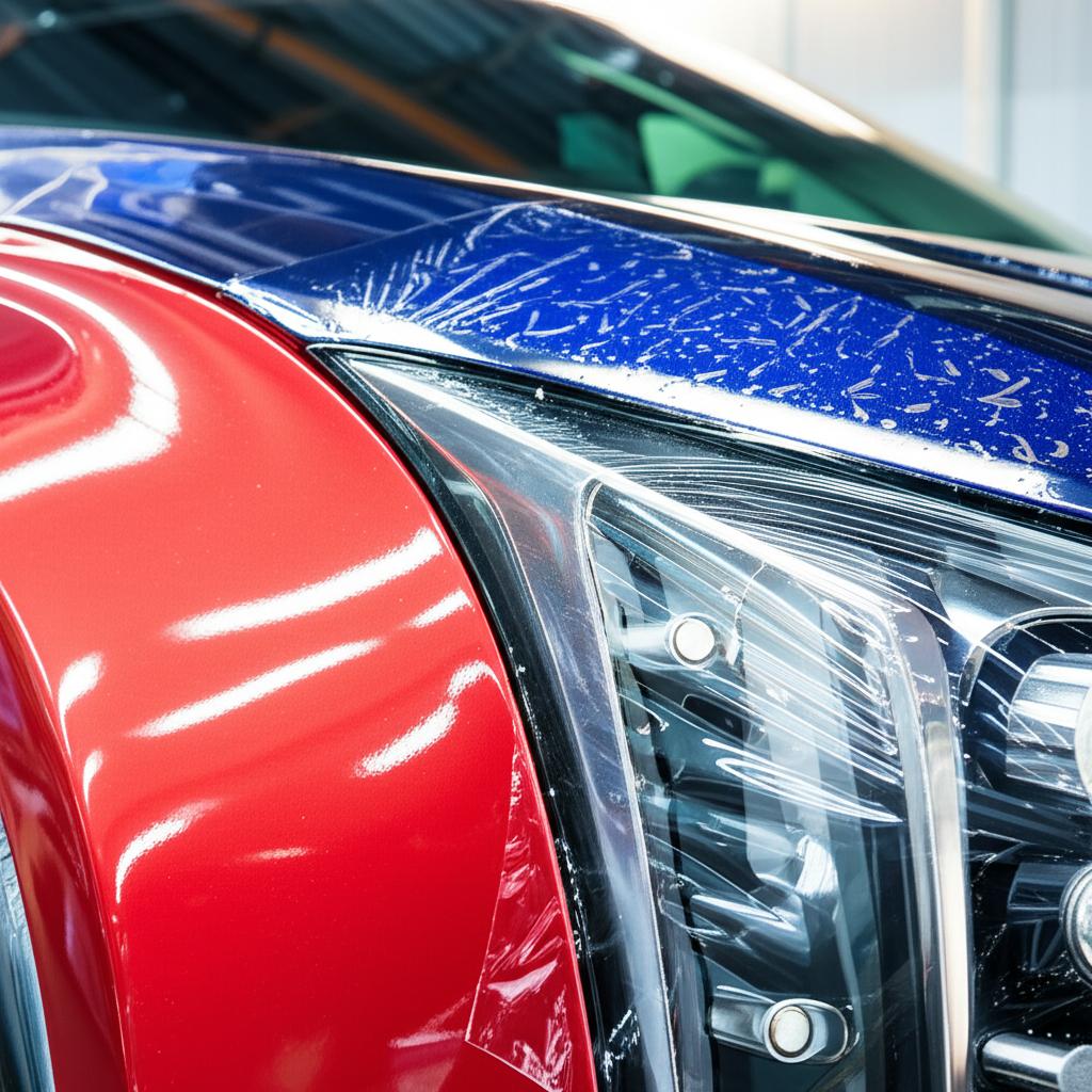 Close-up of a car fender being wrapped with TPU film