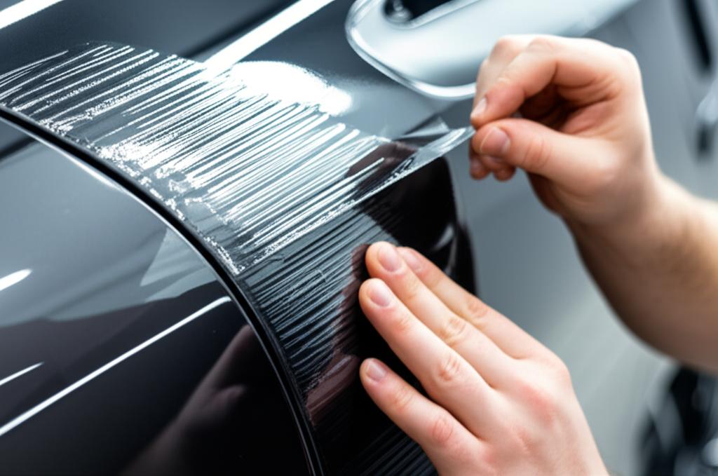 Close-up of a car panel being covered with clear TPU film by a professional installer