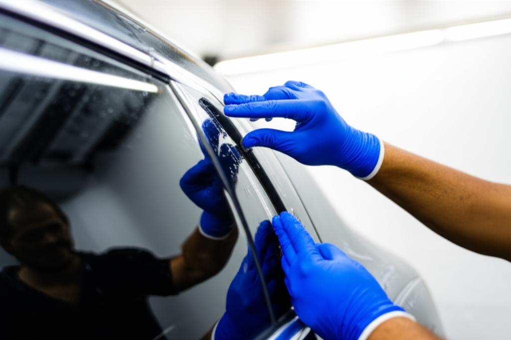 Skilled technician applying clear TPU film to a car panel