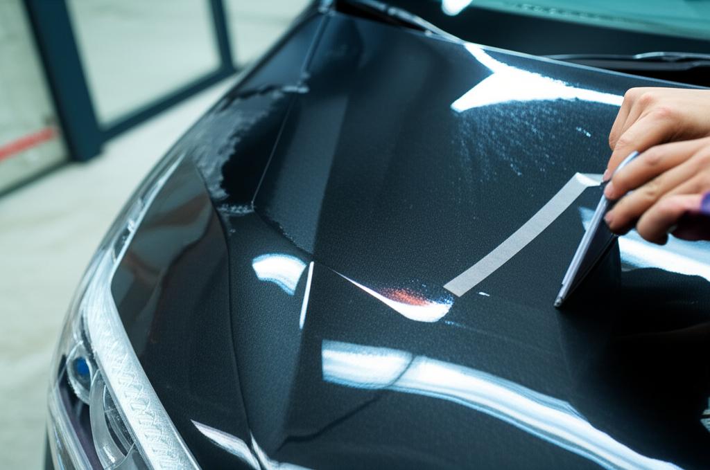 Close-up of a car hood with a protective film applied