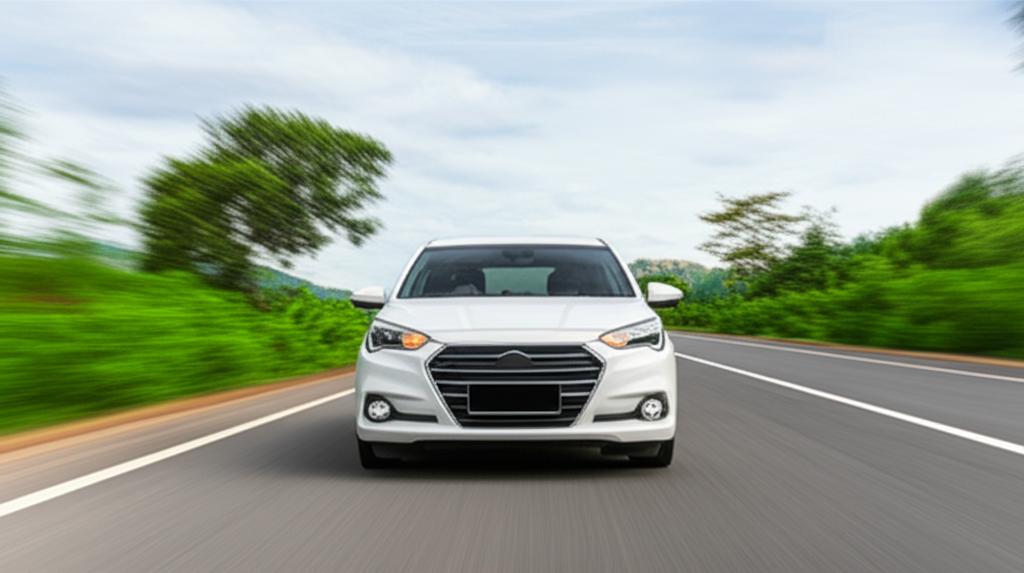 A clean, well-maintained car driving confidently on a scenic Thai road.