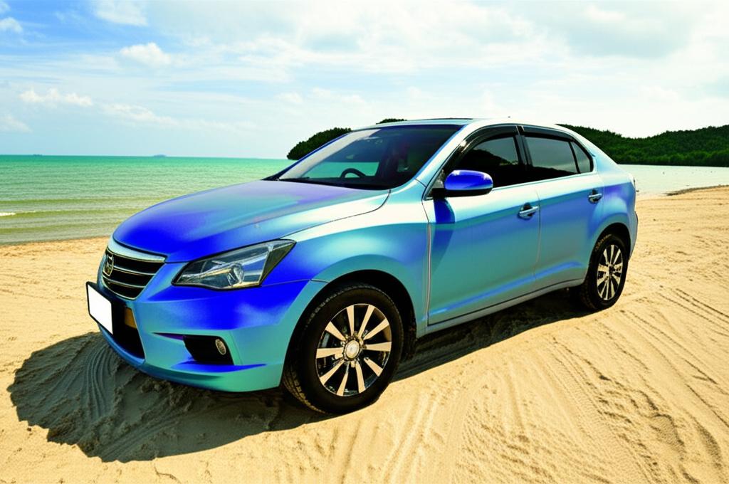 A car wrapped in TPU film parked at a beautiful Thai beach