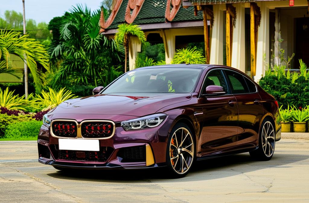 Car with a clean, glossy finish parked in a beautiful Thai landscape