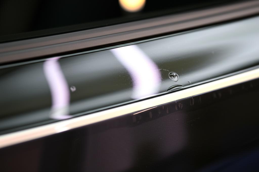 Close-up of a car panel with protective film showing a clear, glossy finish