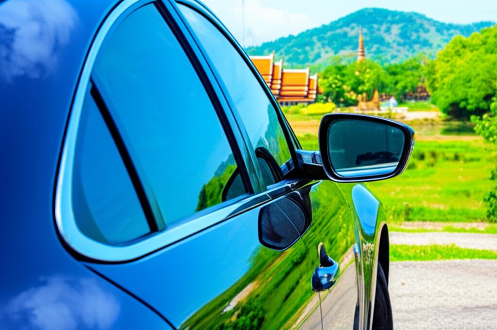 A car with protected paint looking shiny and new, reflecting a beautiful Thai landscape.