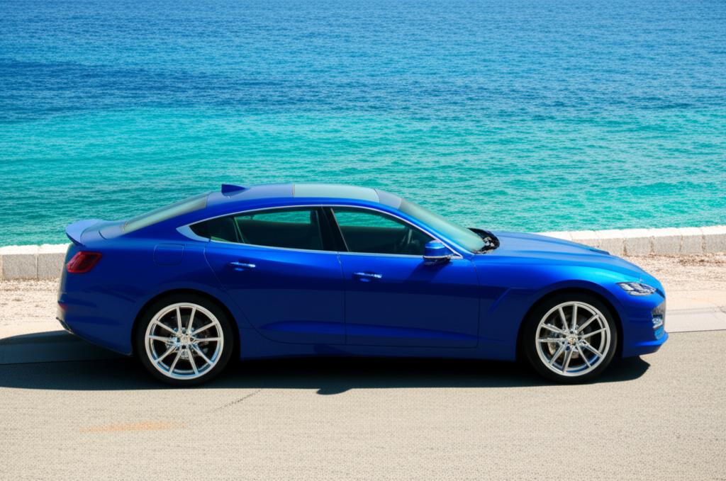 Car with perfect paint finish parked by the sea