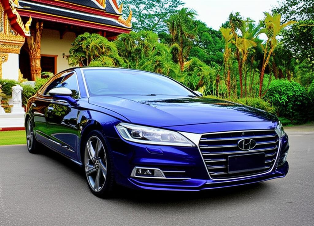 A car with a glossy finish parked in a scenic Thai location