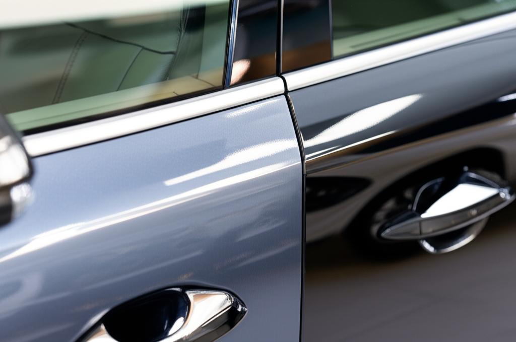 Close-up of a car panel with clear protective film applied