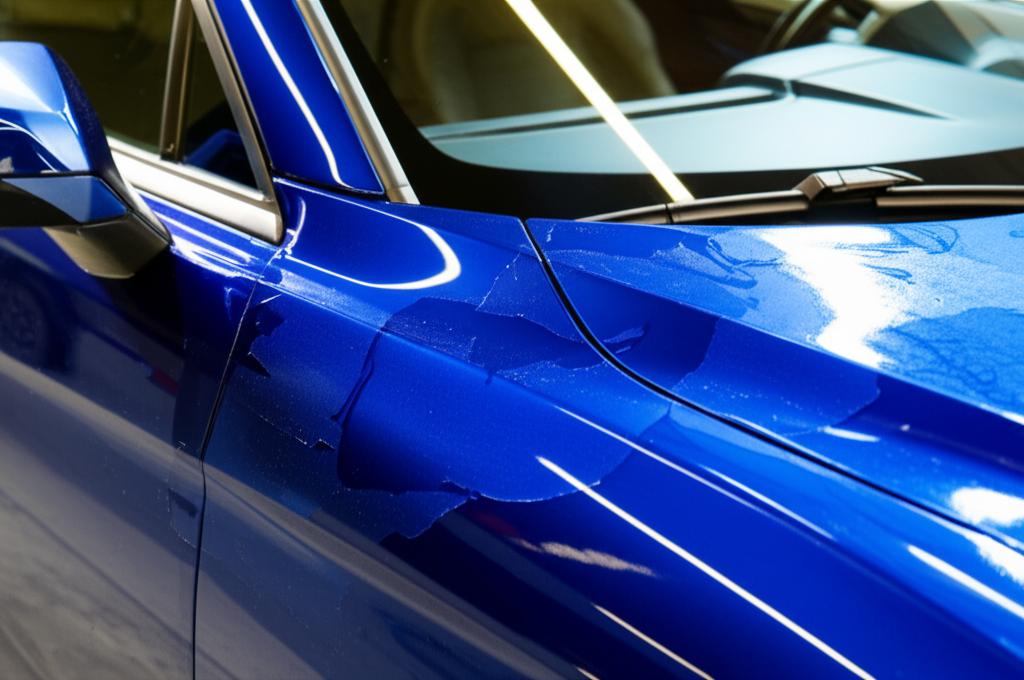 Car with glossy paint finish protected by film