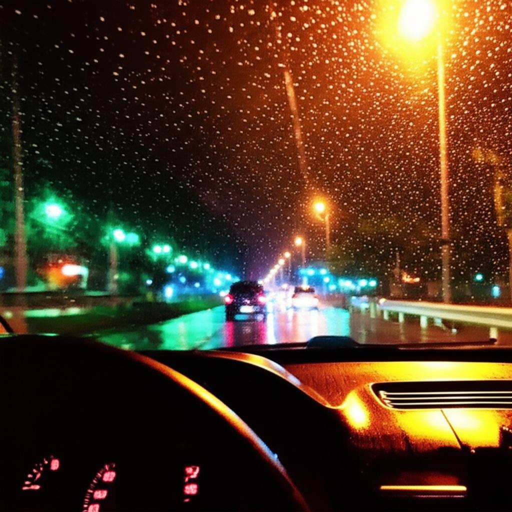 Car driving through rain at night in Thailand