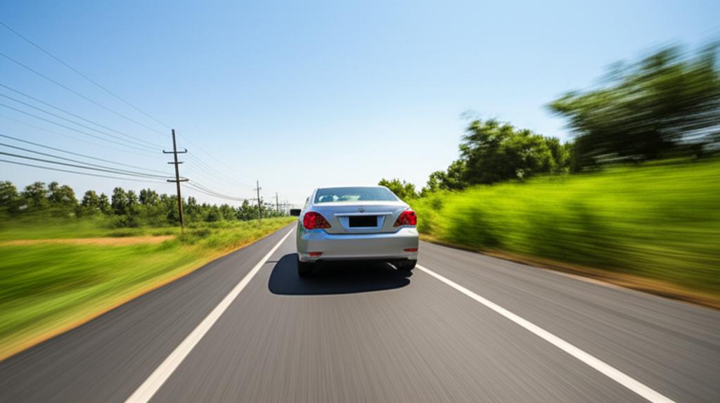 Car driving on a long road in Thailand under bright sun
