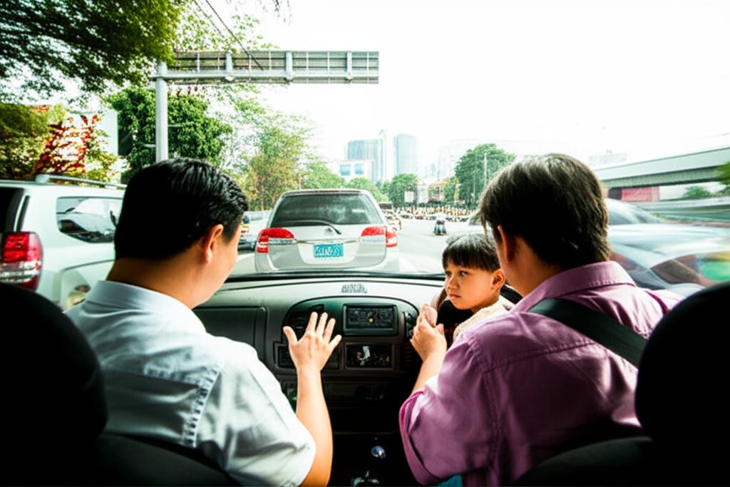Family enjoying their cars in Thailand traffic