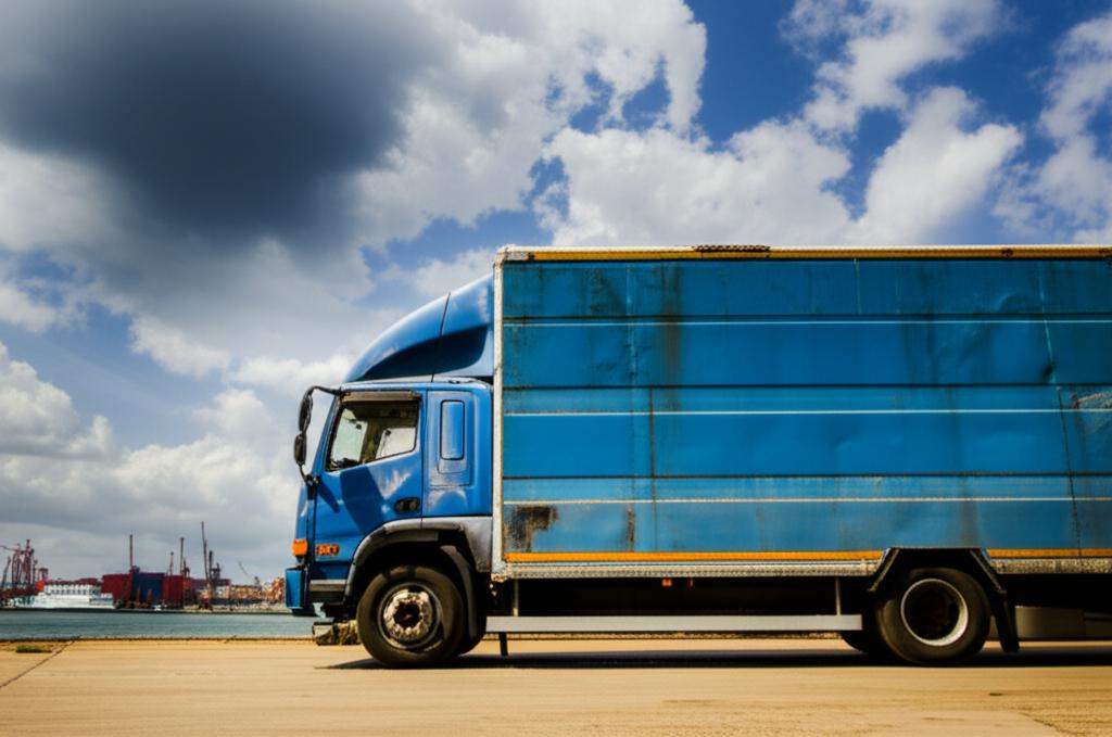 A truck parked near a port under harsh sun and cloudy sky, showing some wear and tear on its paint.