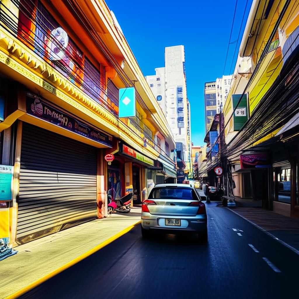 Car driving through busy Thai street with vibrant colors