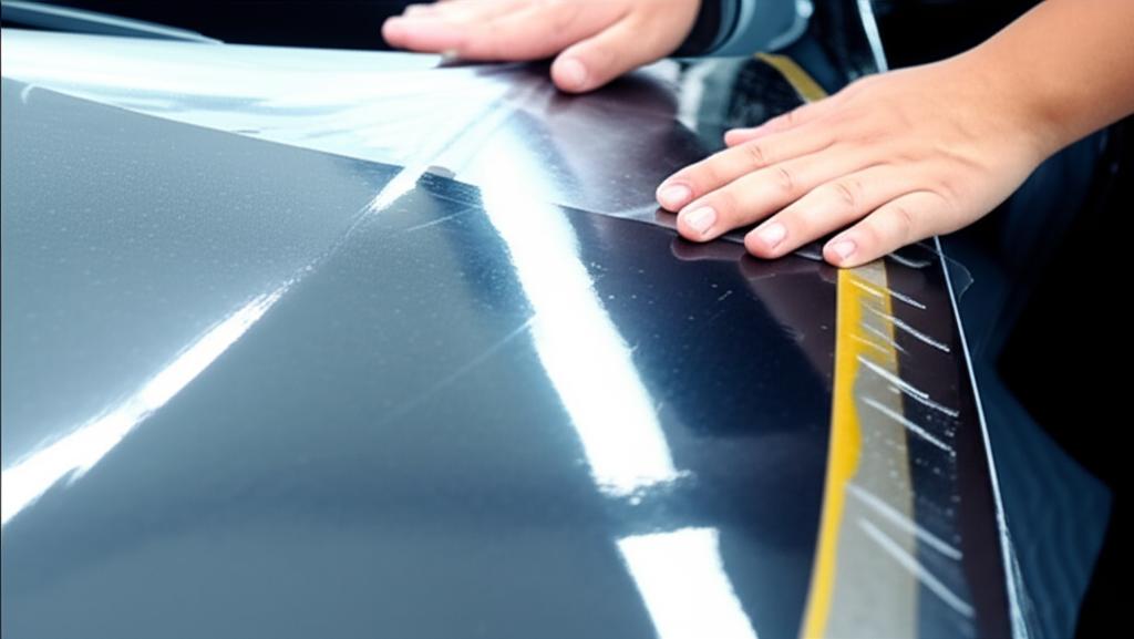 Close-up of a car bonnet with a protective film being applied