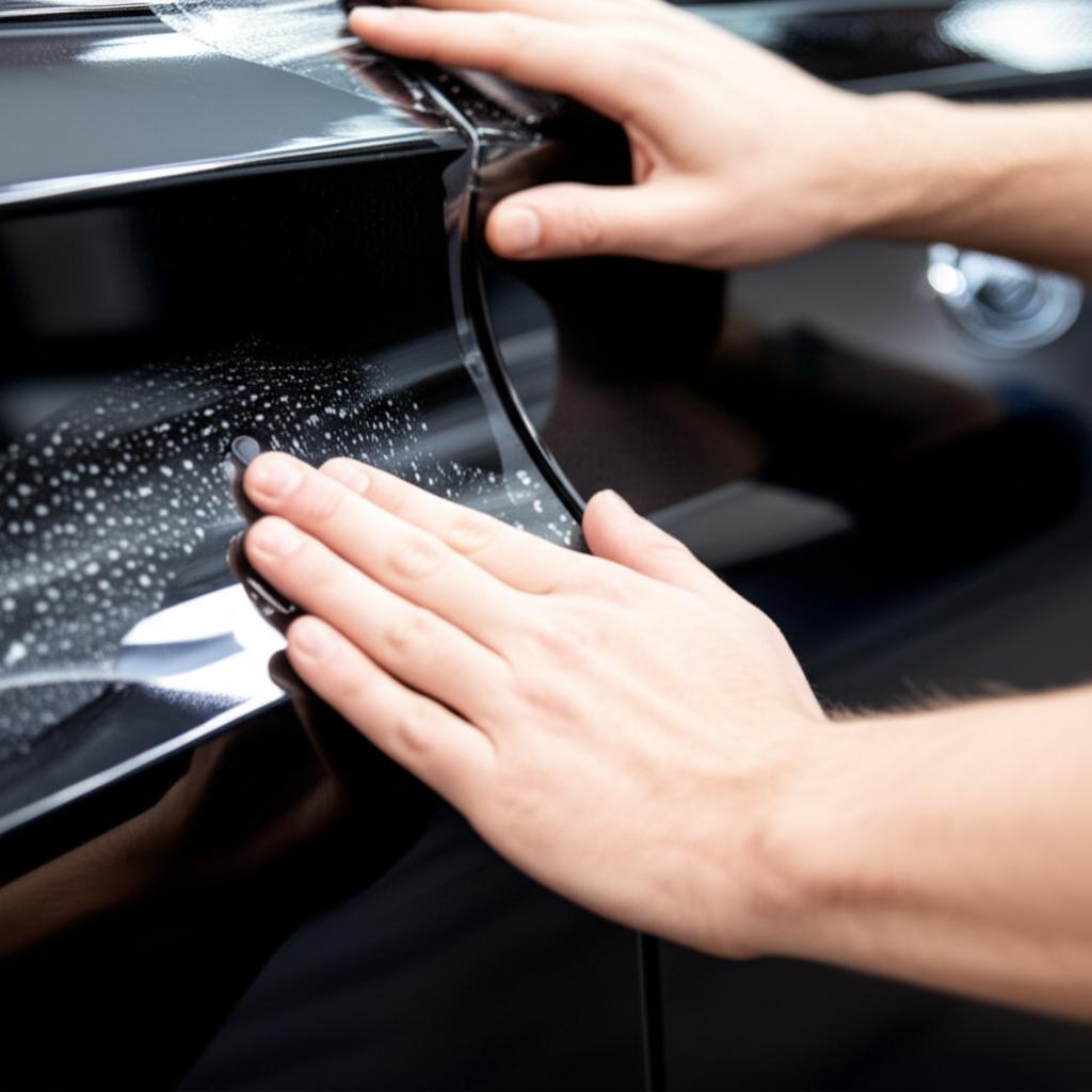 Skilled technician applying clear protective film to a car panel