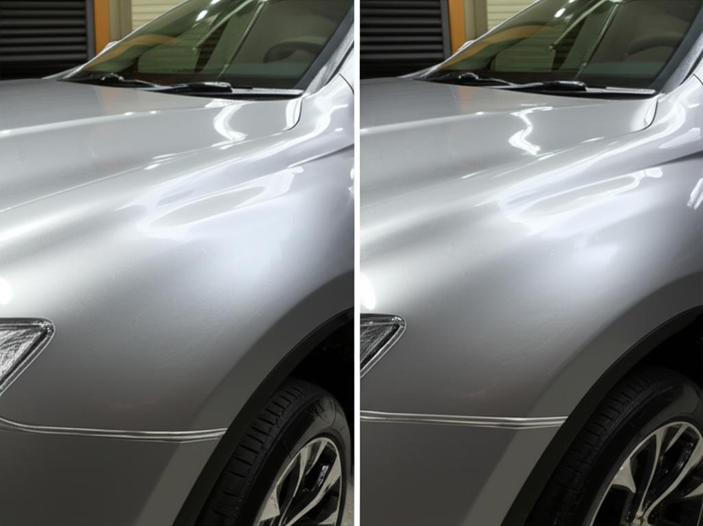 SUV before and after wrapping, showing a glossy protective finish.