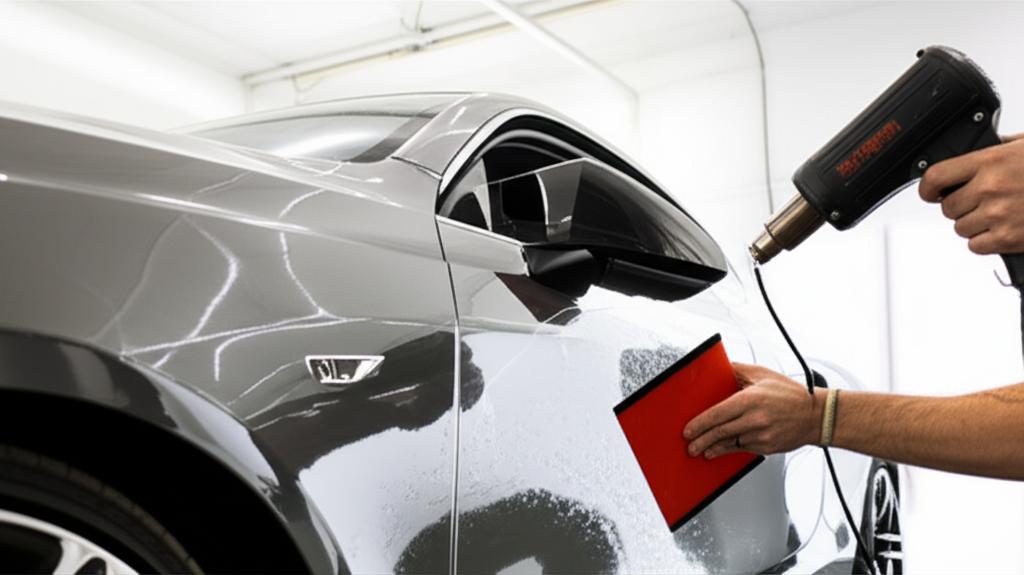 Car undergoing a professional TPU wrap installation process.