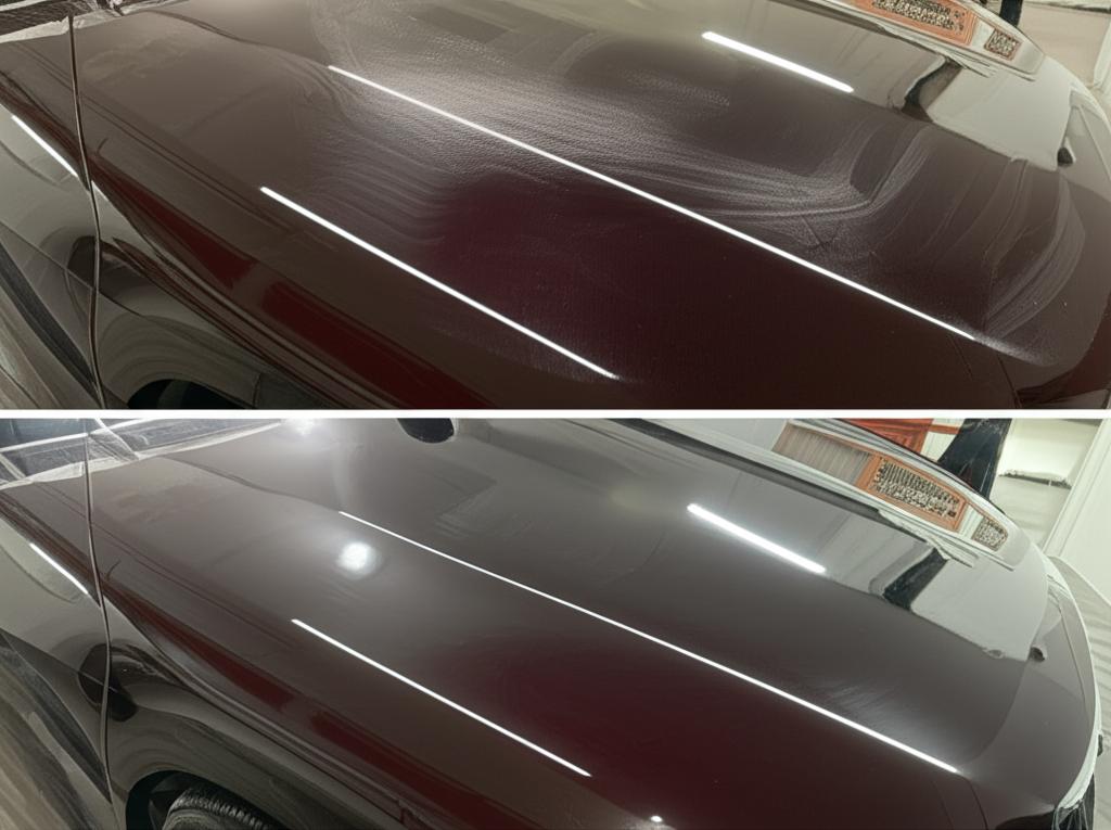 Before and after applying TPU film to a car