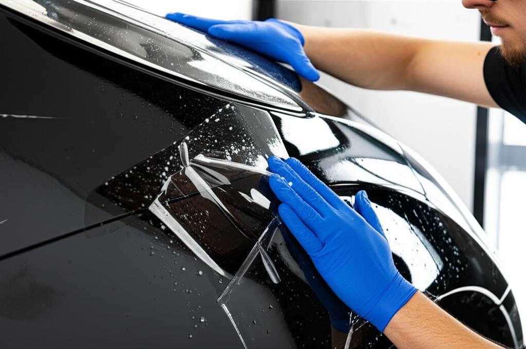 Skilled technician applying transparent film to a car panel