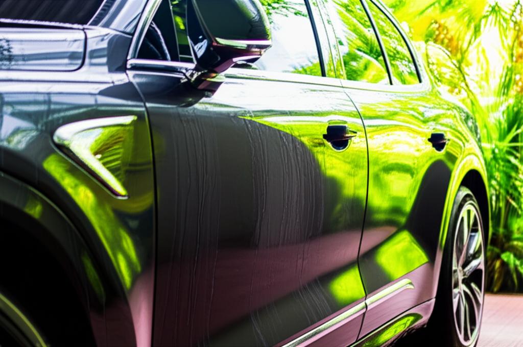 Shiny car with TPU film protection in tropical sunlight