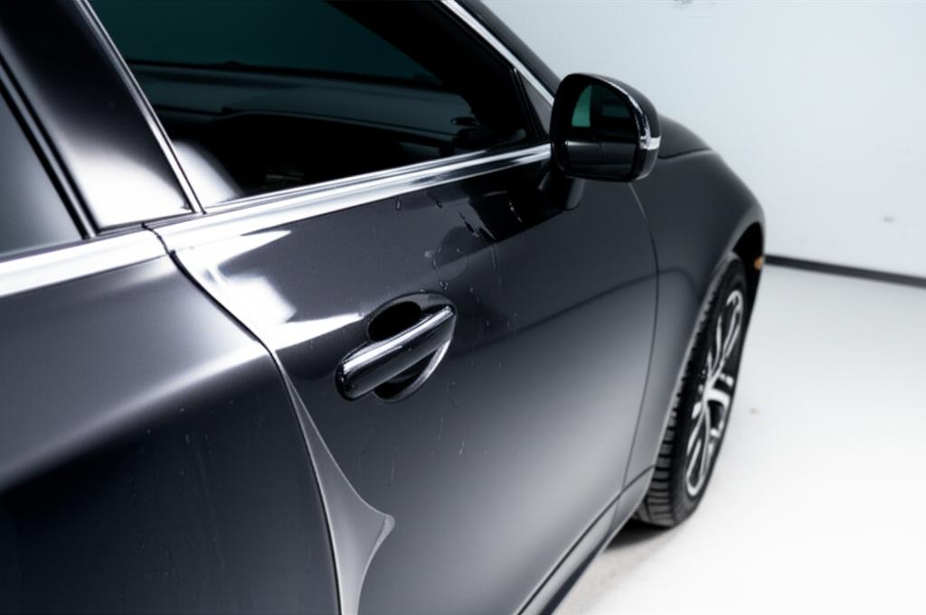 Close-up of a car fender with a perfectly applied, glossy clear protective film