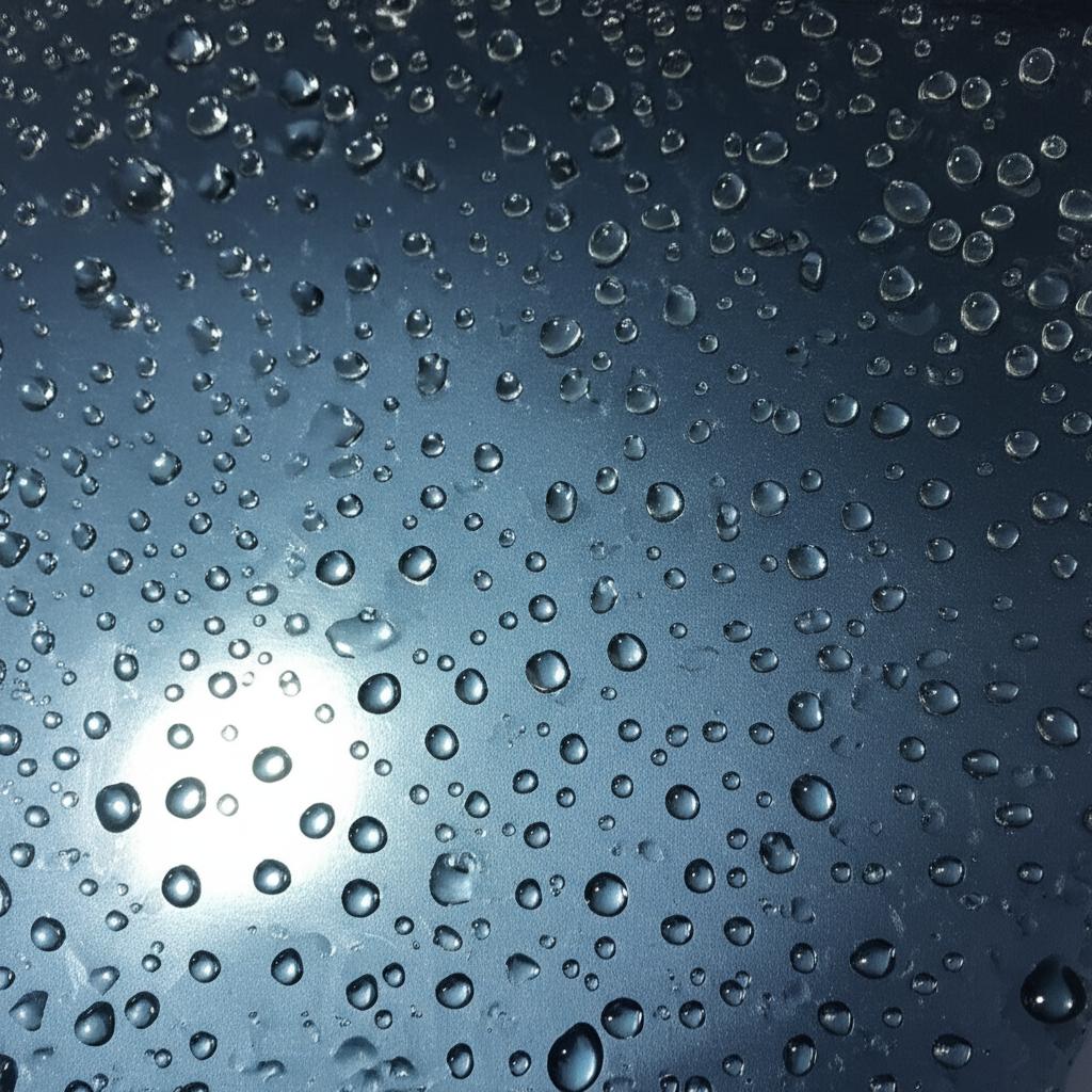 Close-up of protected car paint with water beading on TPU film