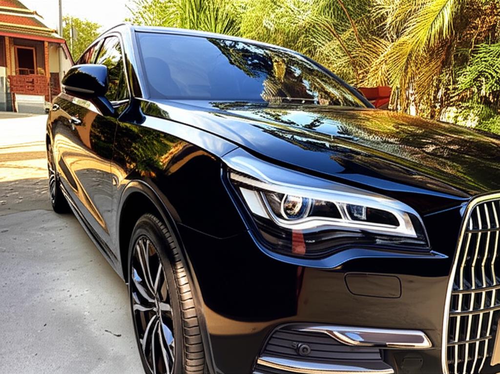 Car with glossy finish parked at a beautiful Thai location, looking pristine.